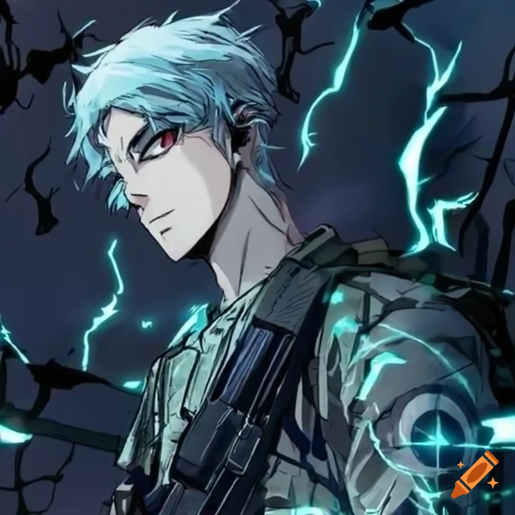 Anime manga design of a serious male with lightning powers