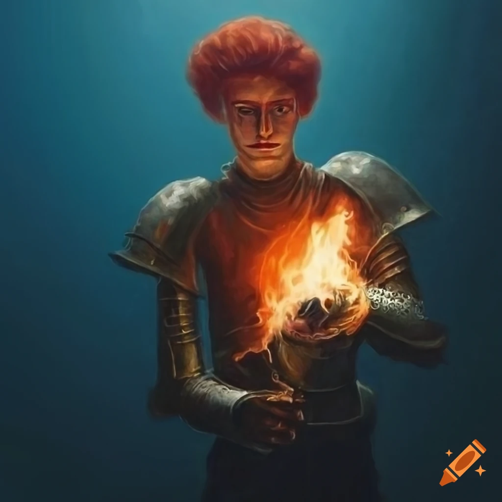 painting of a young man with fire in his hands underwater