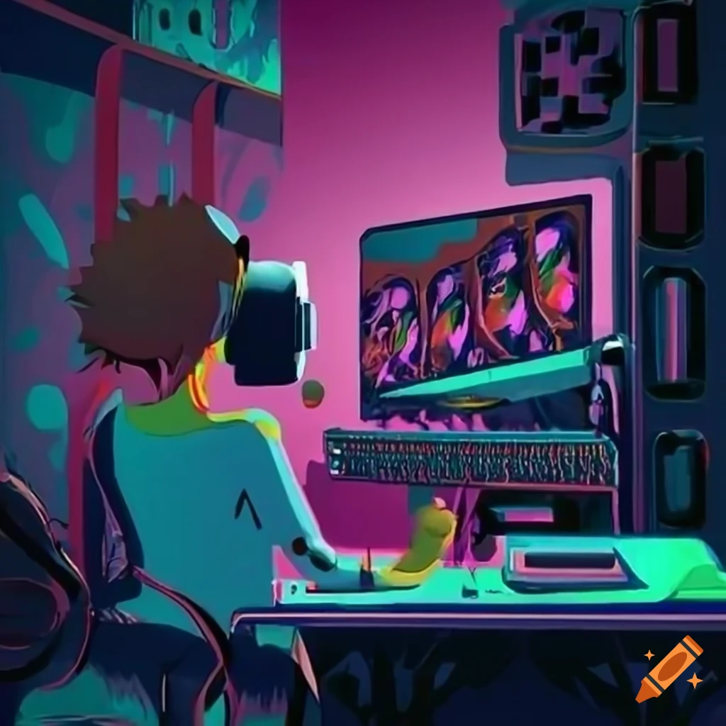 Digital illustration of a dubbing studio with voice actors on Craiyon