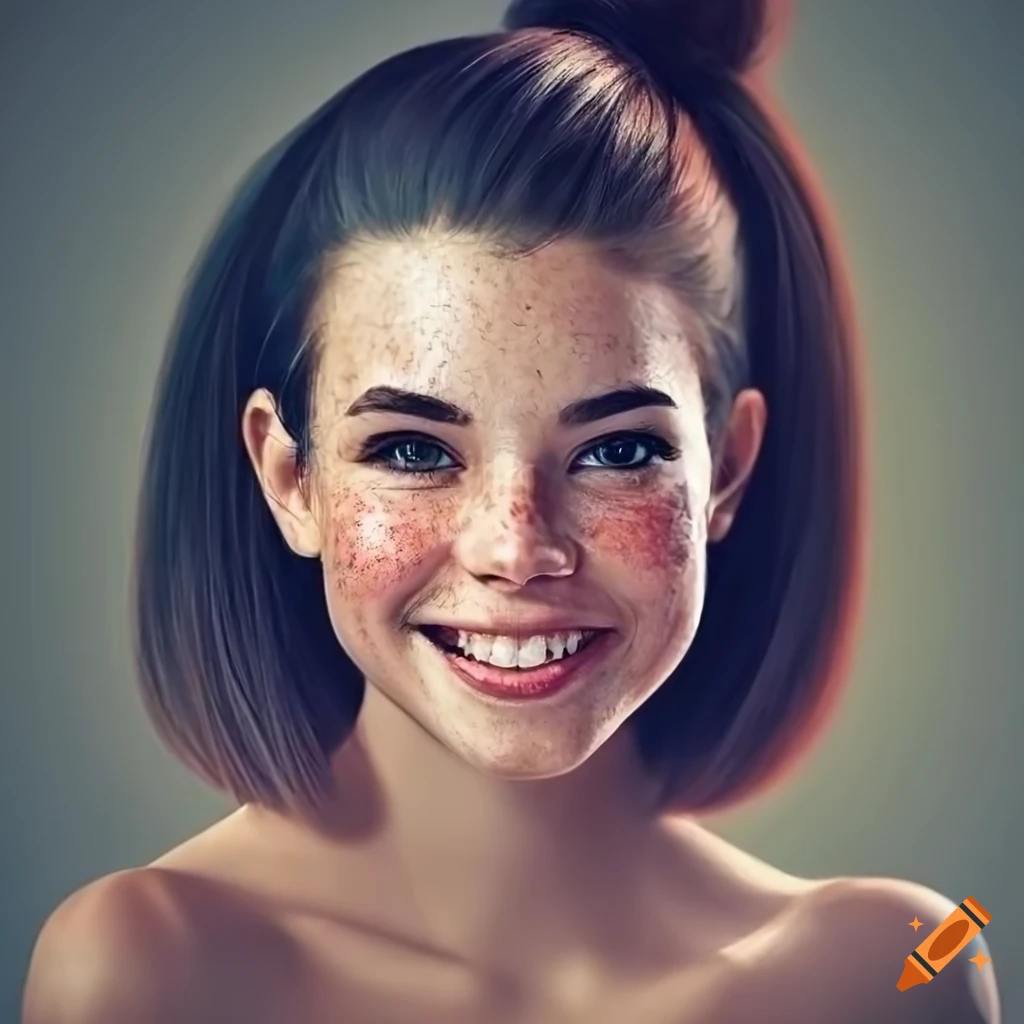 Portrait of a young woman with freckles and dark hair on Craiyon