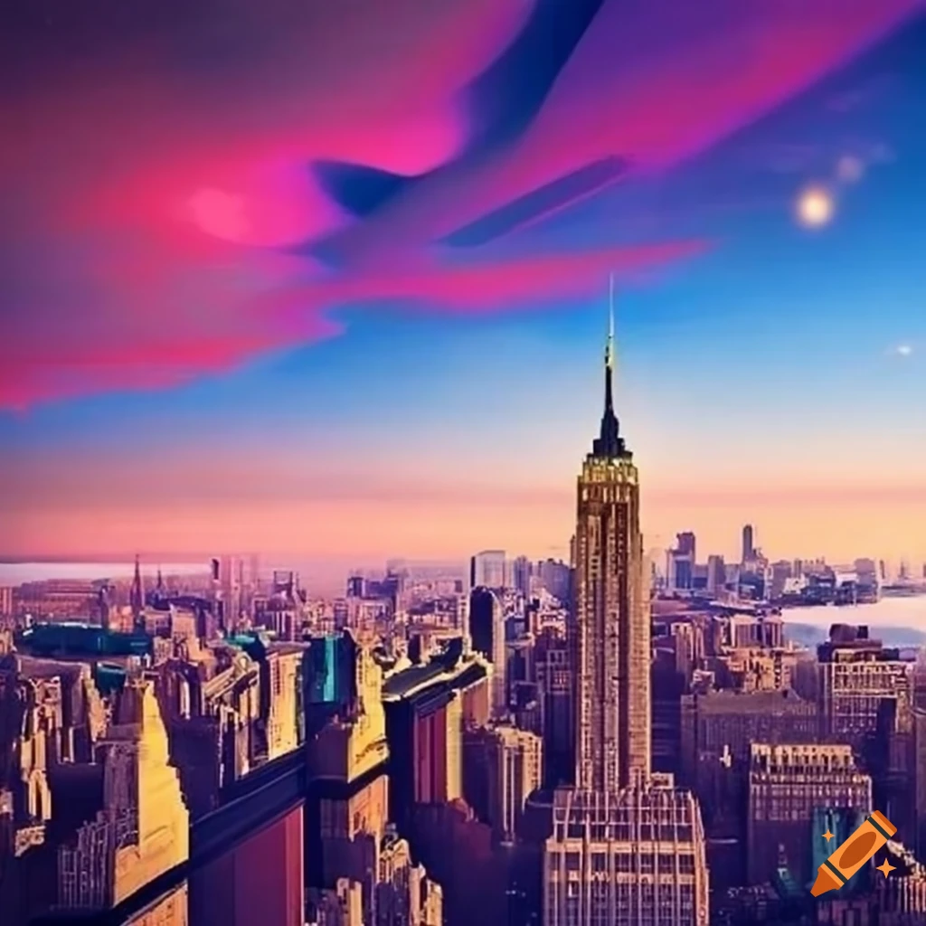 futuristic New York skyline with colorful spaceships