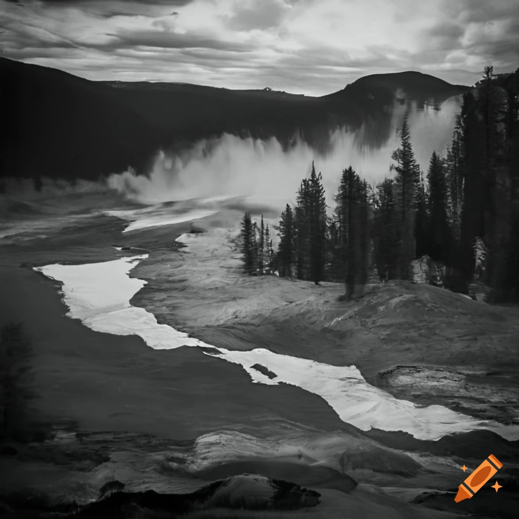 black and white photo of Yellowstone