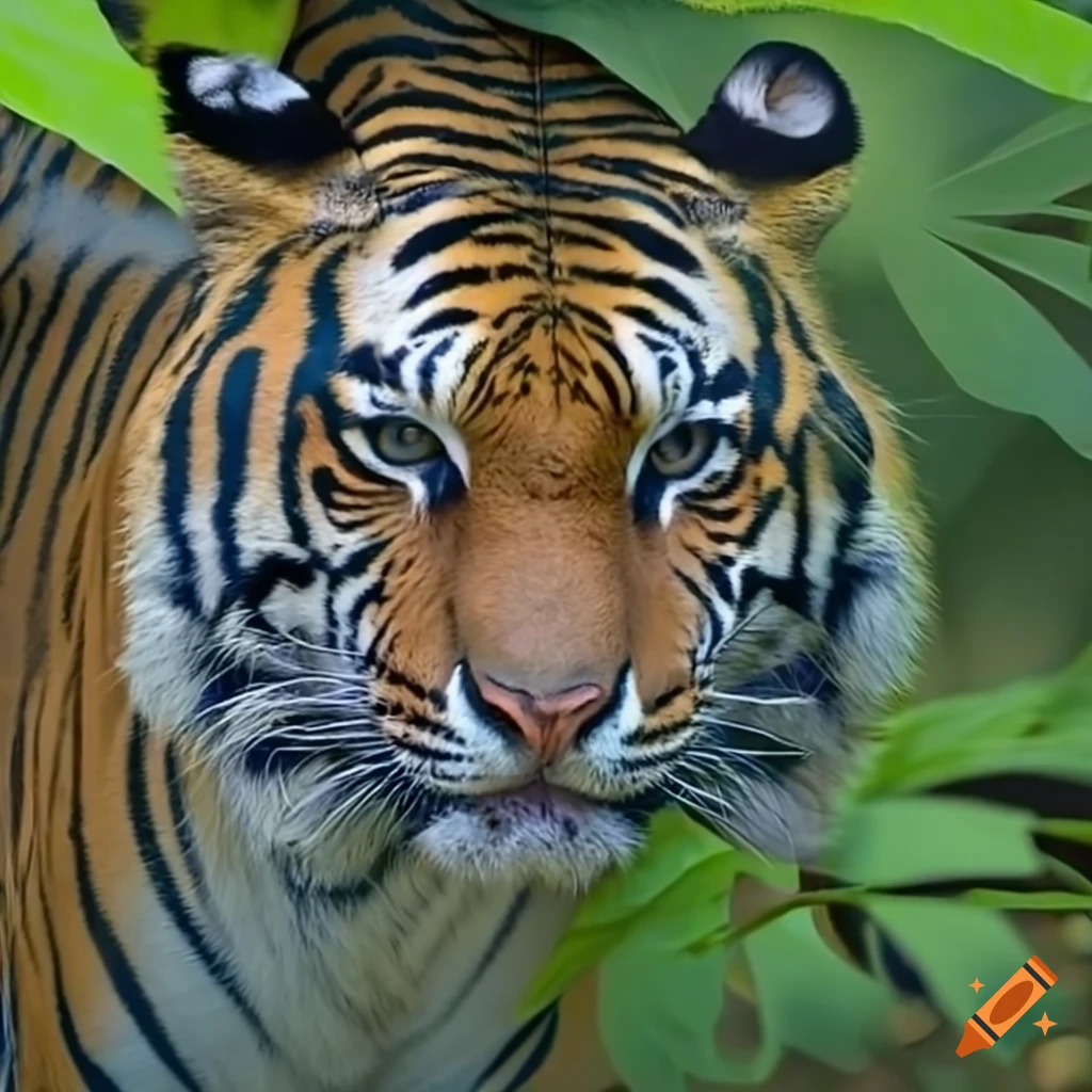 close-up of a tiger in dense vegetation