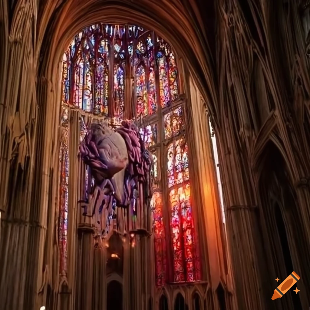 art installation of a suspended anatomical heart in a cathedral