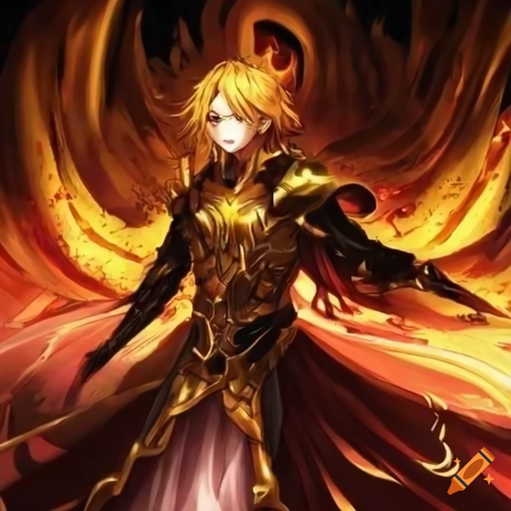 anime artwork of Sanguinus with golden hair in the wind