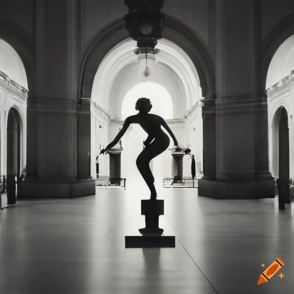 bokeh lights highlighting sculptures in a museum