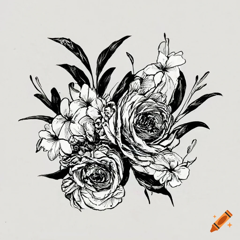 Black and white floral ink drawing