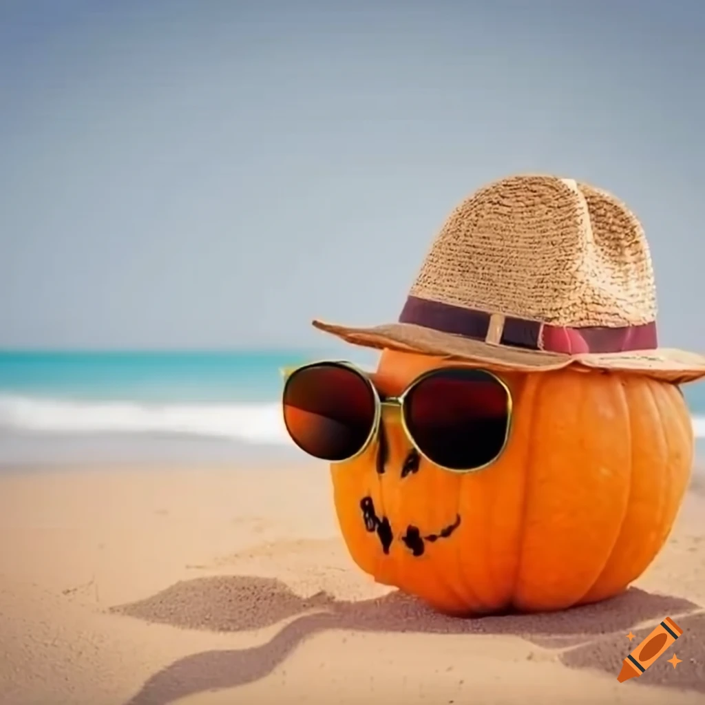 funny pumpkin with sunglasses and hat on the beach