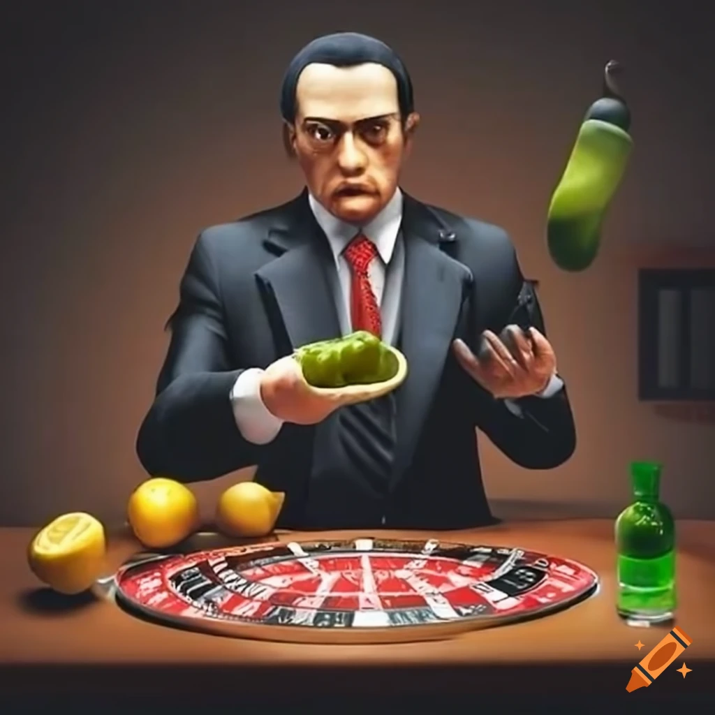 satirical image of a mafia boss with a pickle and roulette