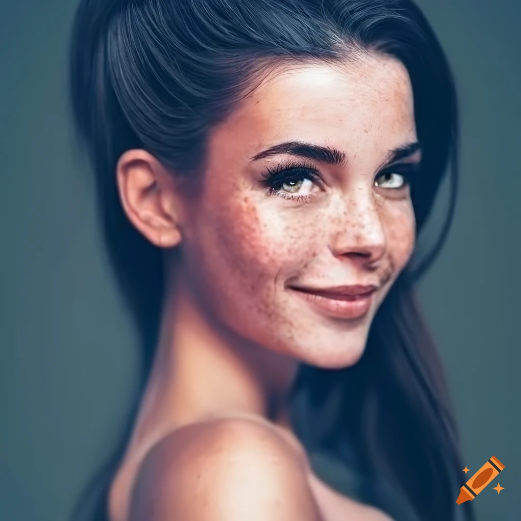 Portrait of a pretty young woman with freckles and dark hair on Craiyon
