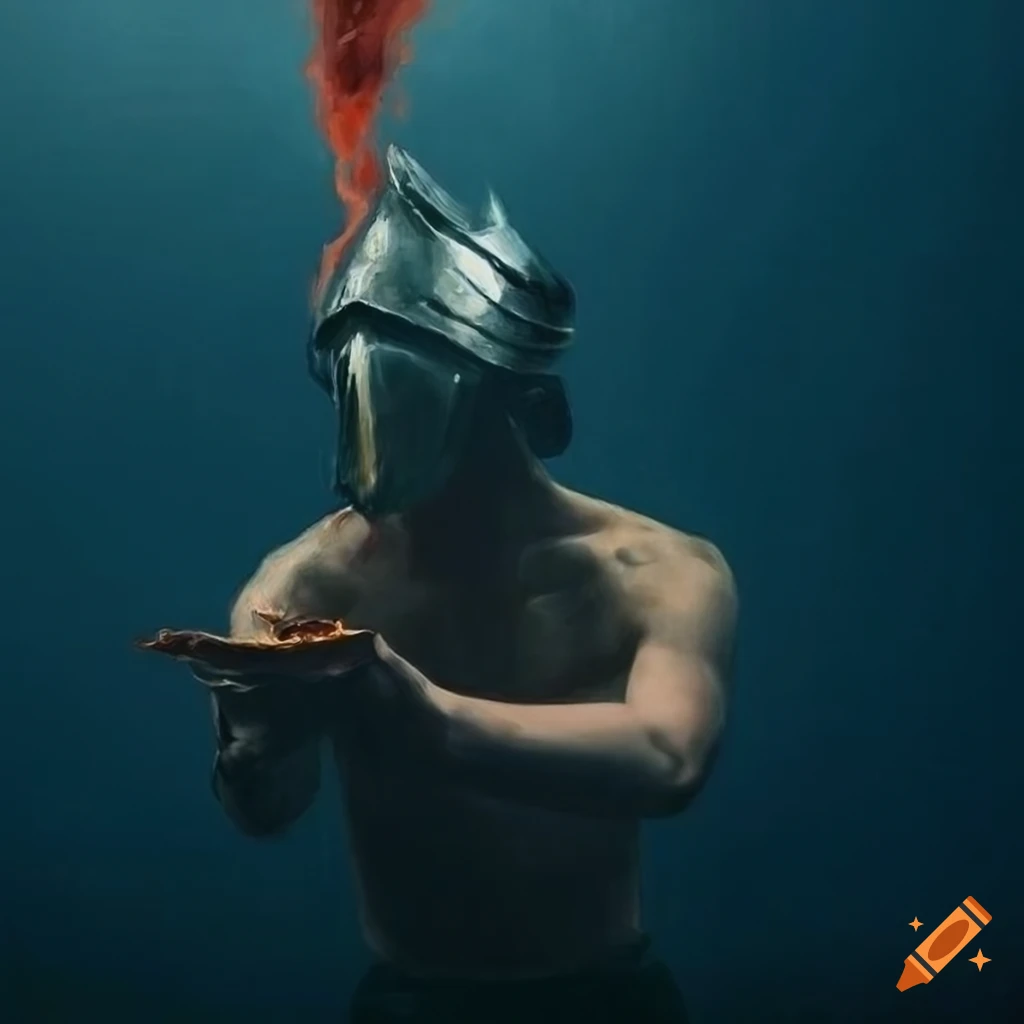 painting of a young man with fire in his hands underwater