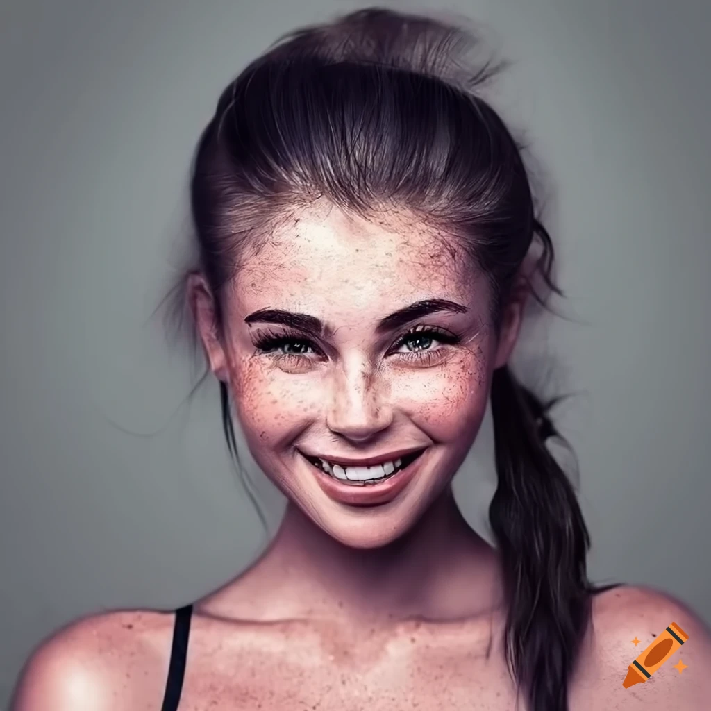 Portrait of a young woman with freckles and dark hair on Craiyon