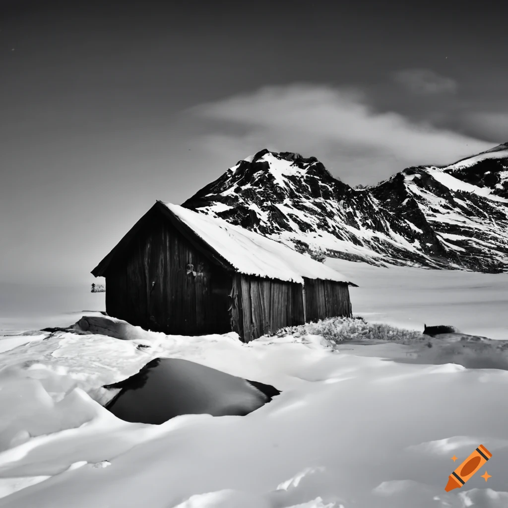 black and white photo of a snowy landscape with a wooden hut