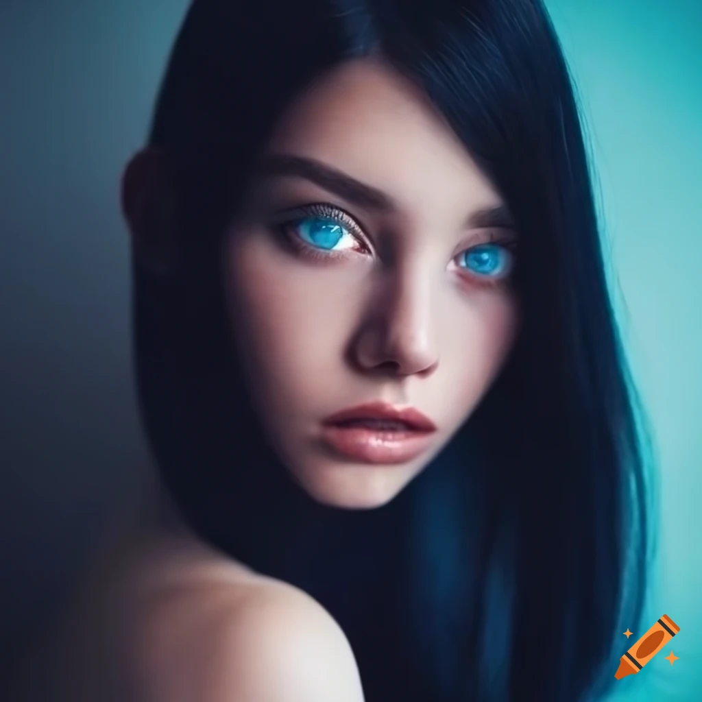 Portrait of a young woman with black hair and blue eyes on craiyon