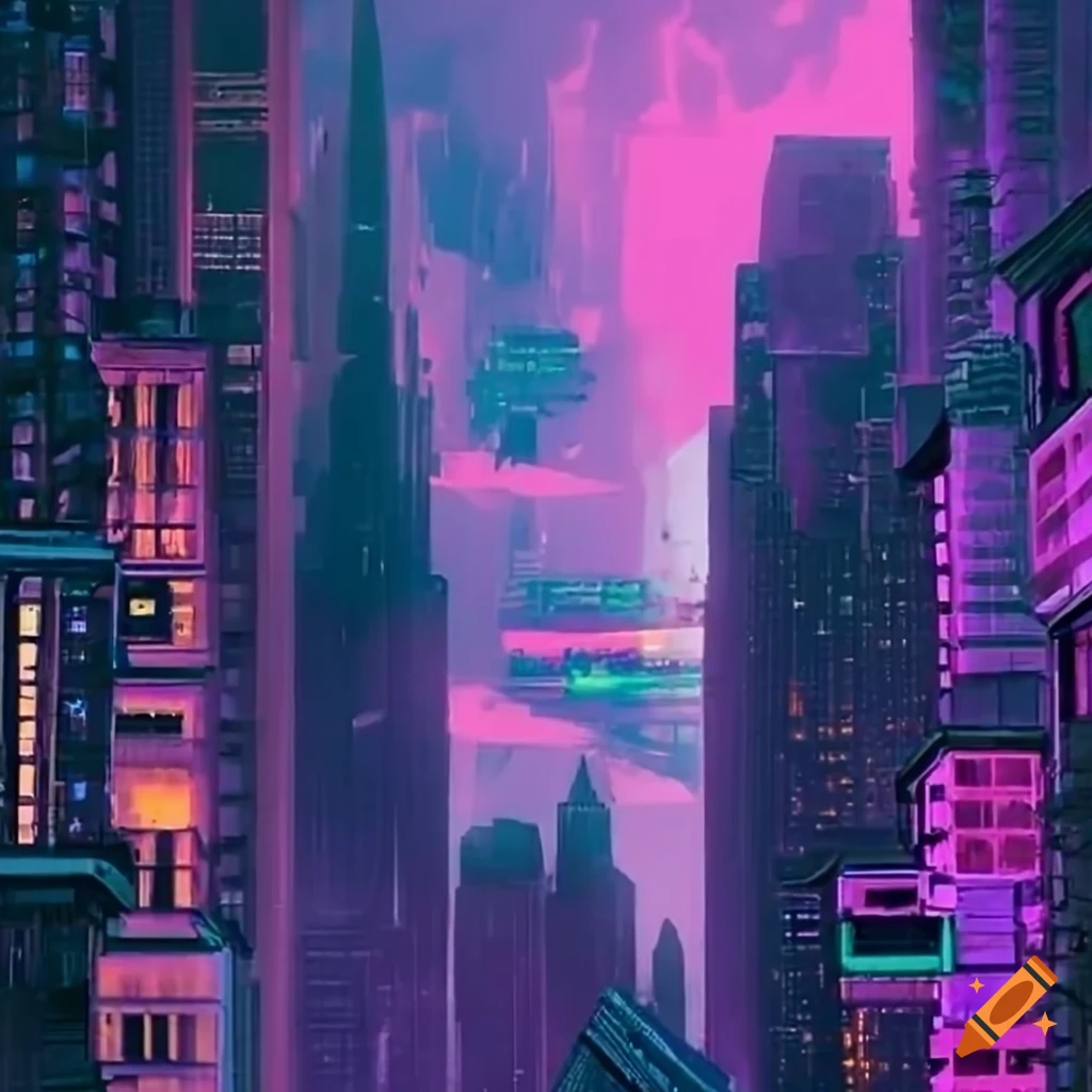 Cyberpunk cityscape with skyscrapers and flying vehicles