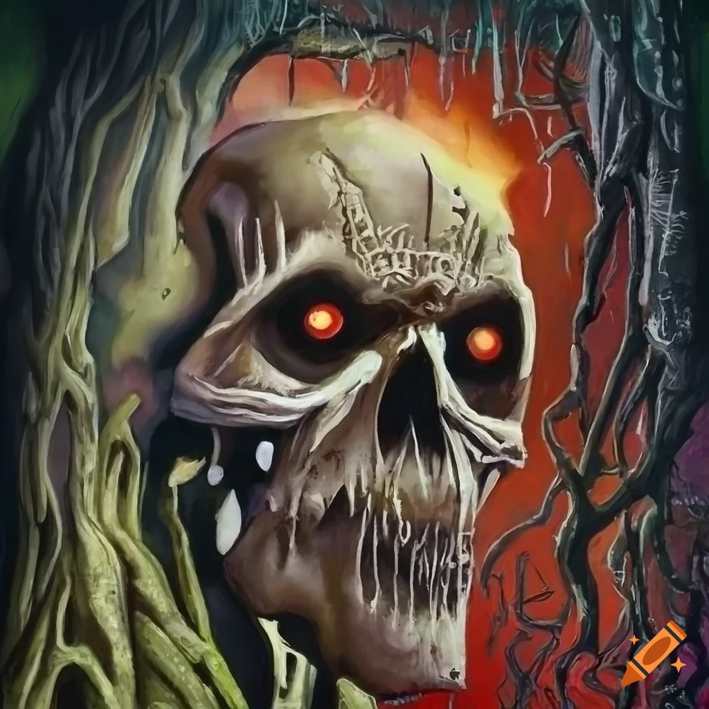painting of a skeleton emerging from a swamp