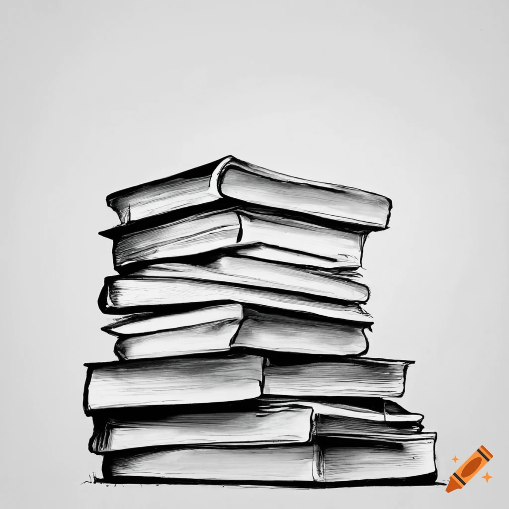 Black and white drawing of a stack of books on Craiyon