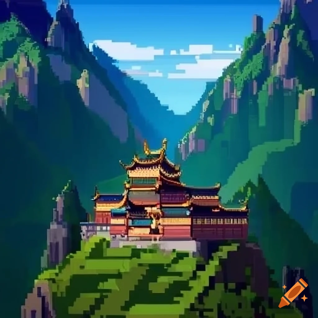 Pixel Art Of A Chinese Castle In The Mountains pixel-art-of-a-chinese-castle-in-the-mountains