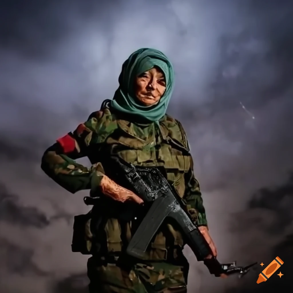 empowering portrait of an elderly Palestinian woman in military uniform