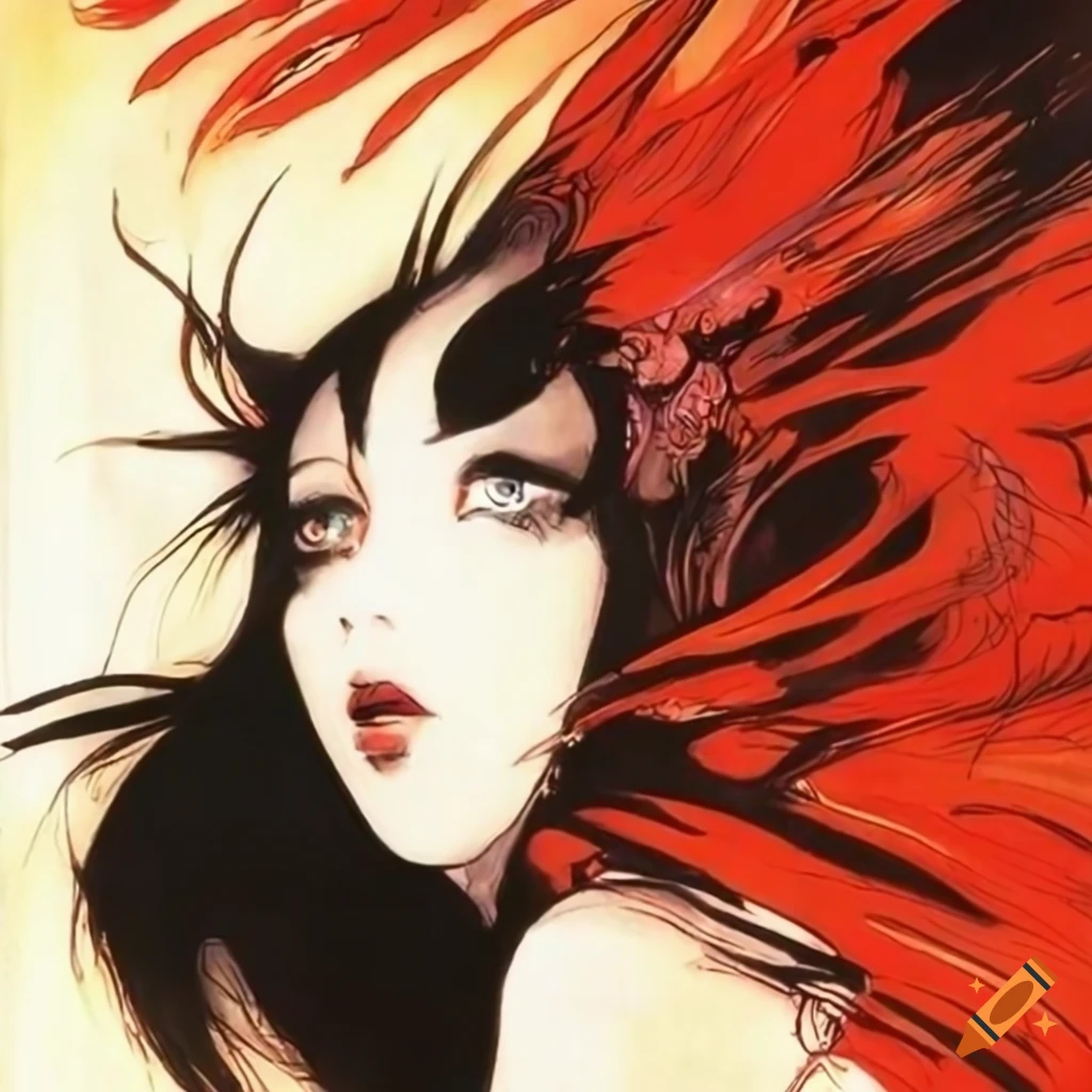 film noir artwork in Yoshitaka Amano style