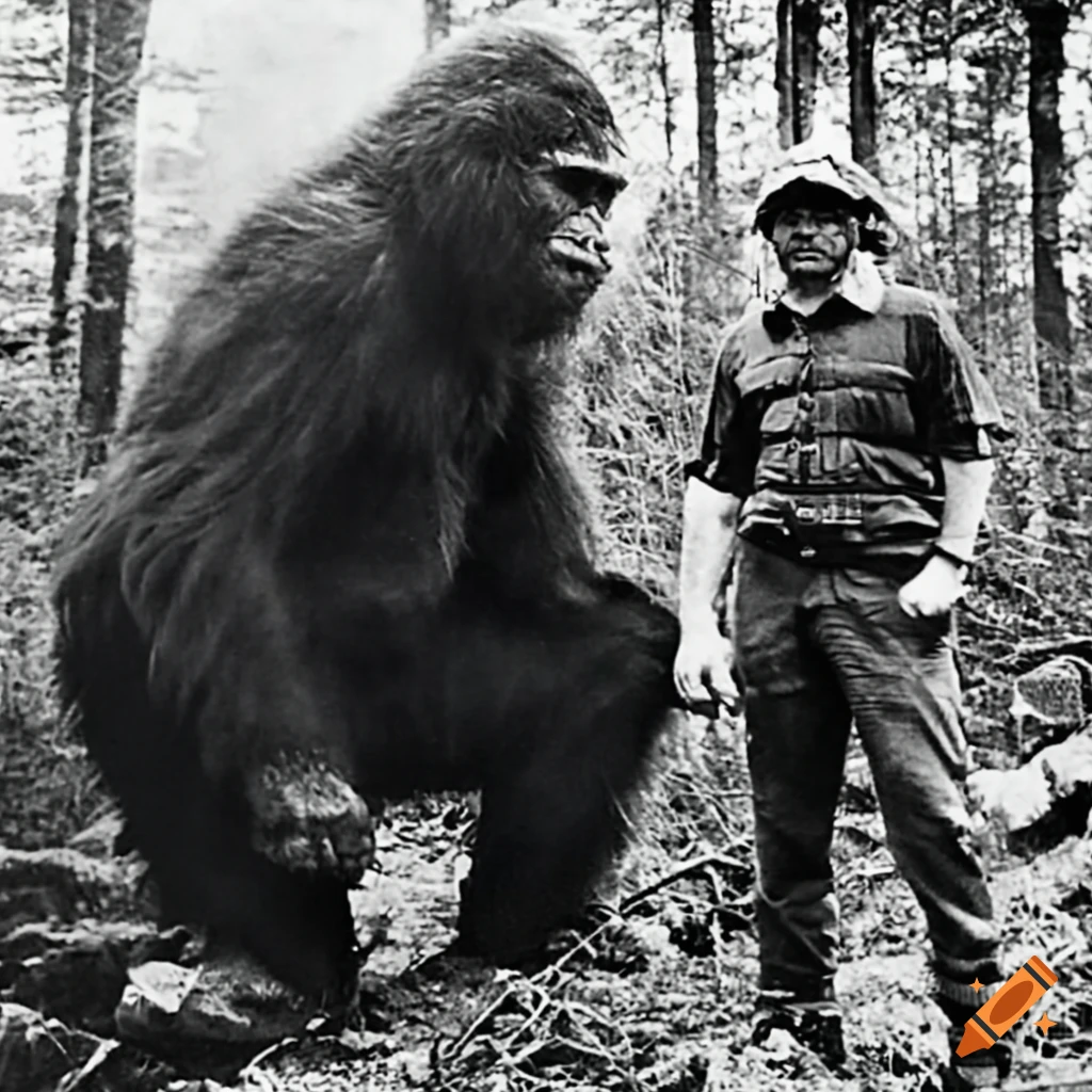 man standing next to bigfoot