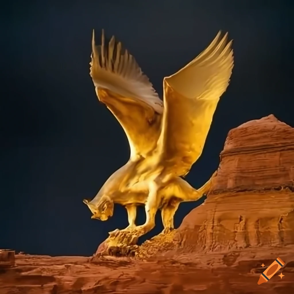 Dramatic golden sphinx landing in a desert landscape