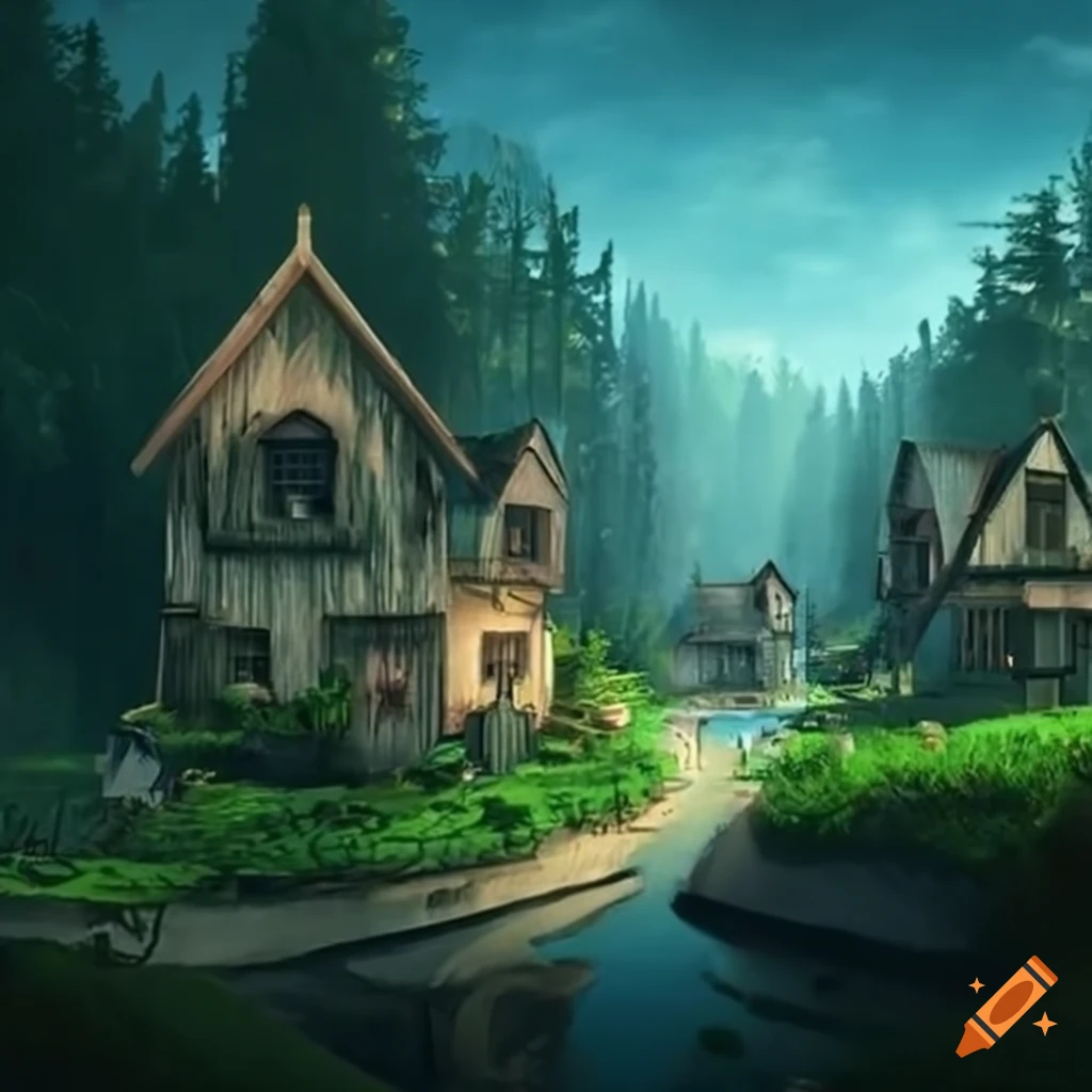 scenic view of a village near a forest