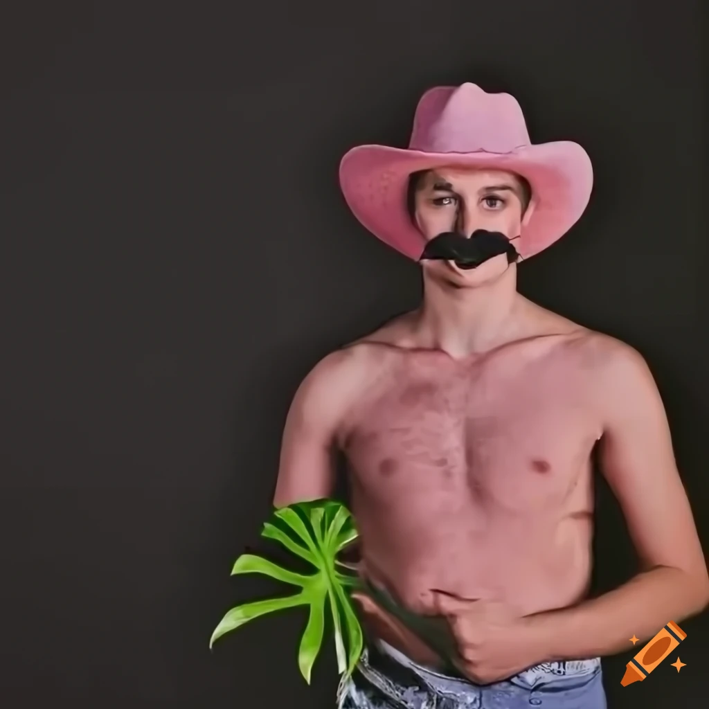 young man with a mustache wearing a pink cowboy hat holding a monstera house plant