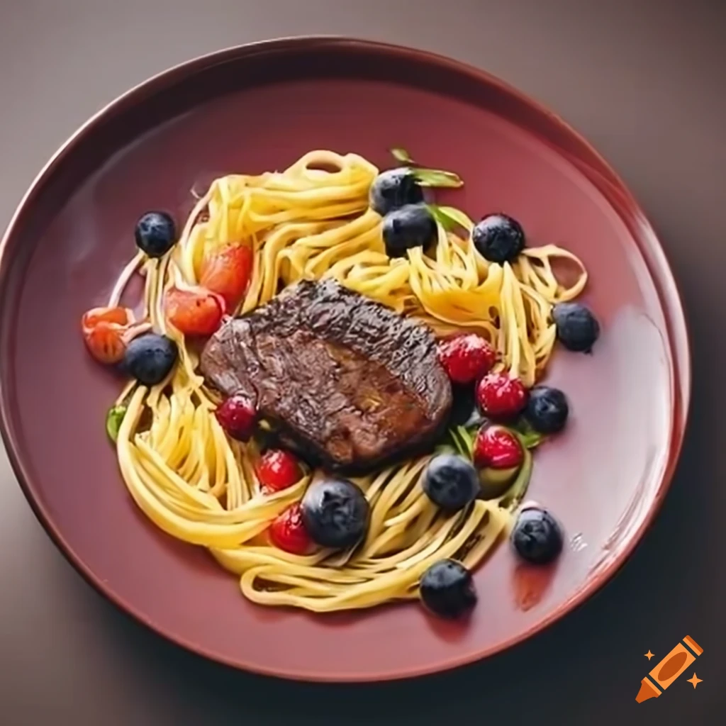 delicious steak with pasta and fruits