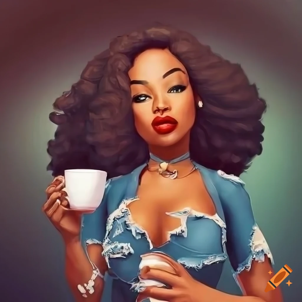 African American Woman In Ripped Jeans Drinking Coffee