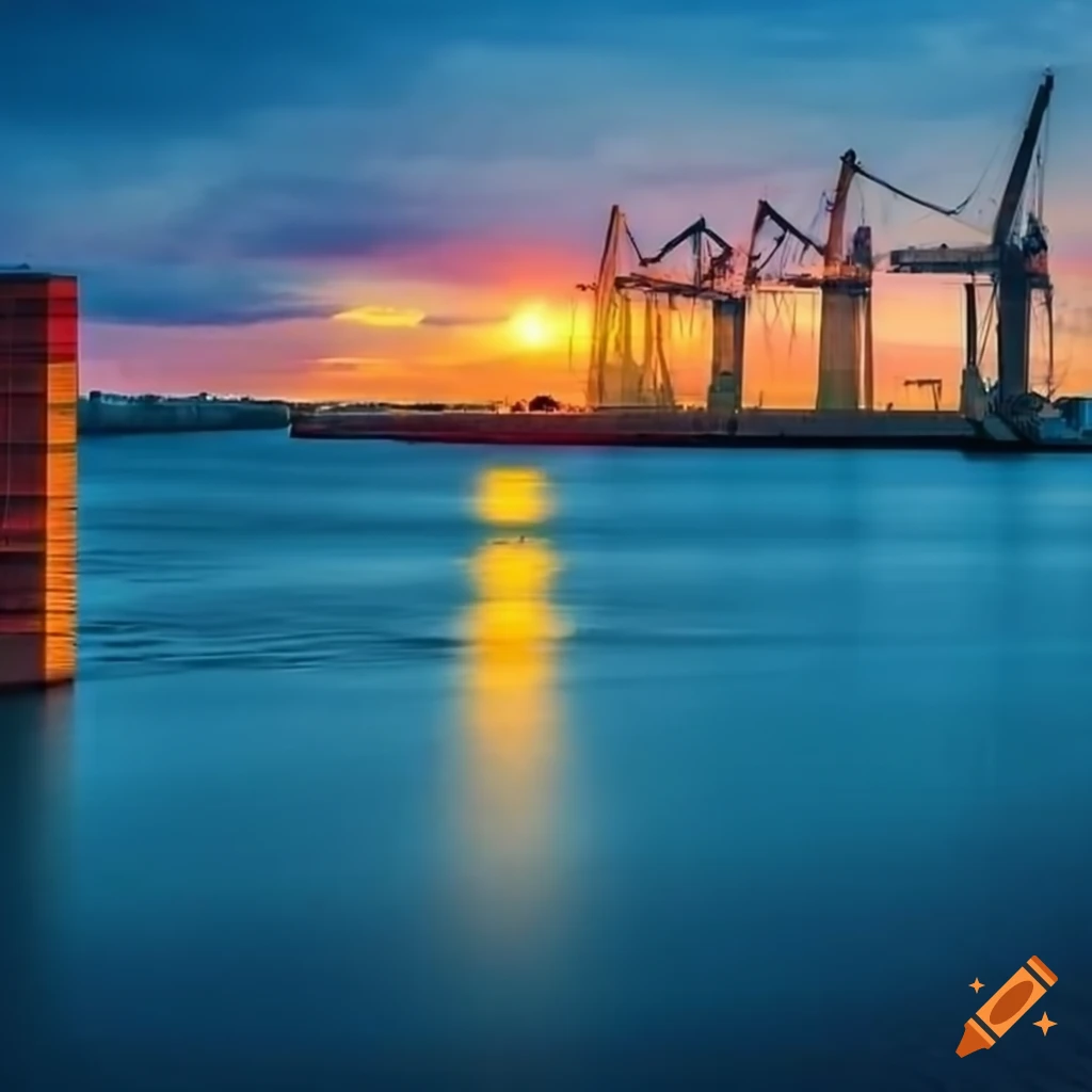 colorful photograph of a modern port with cranes