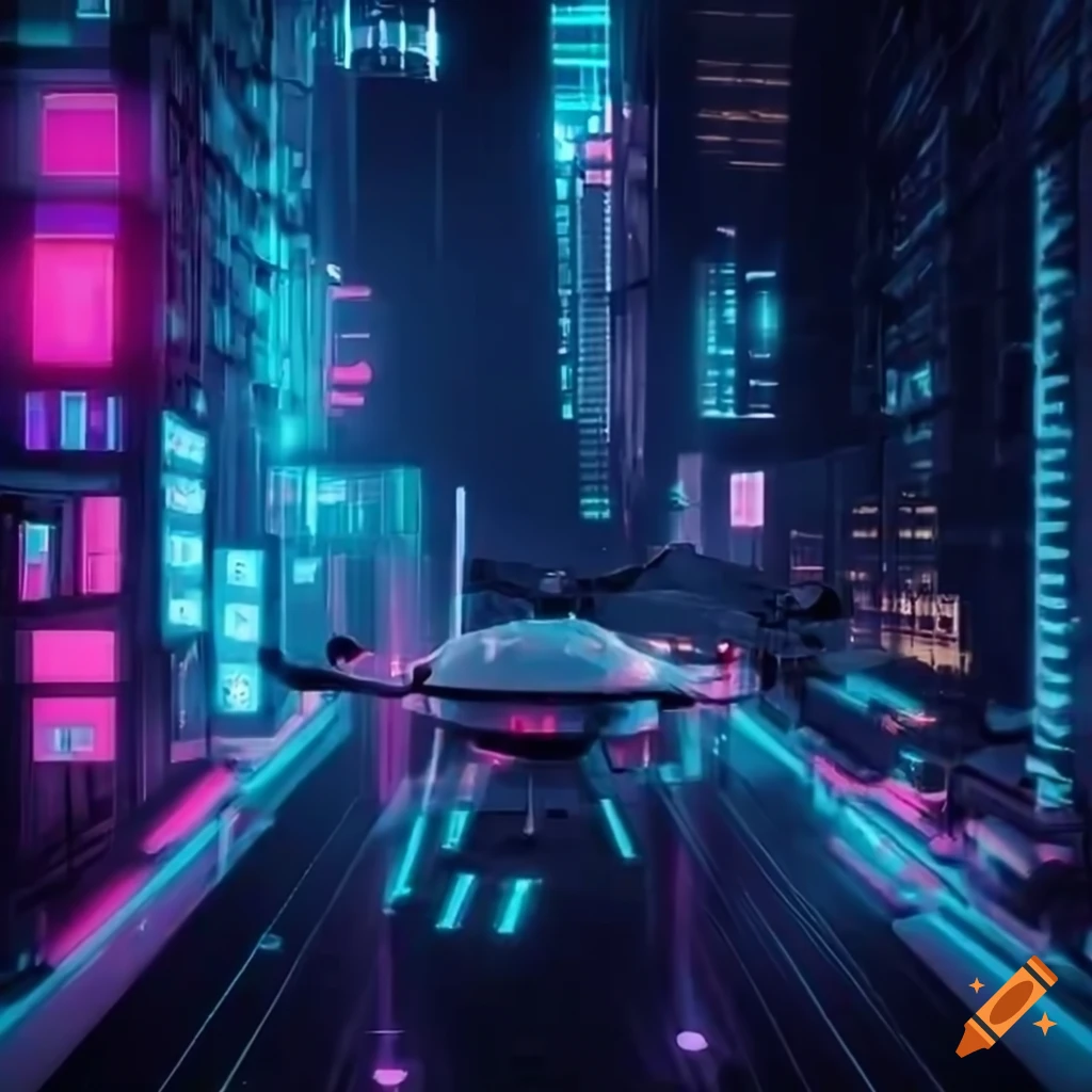 Futuristic city with flying vehicles and drones on Craiyon