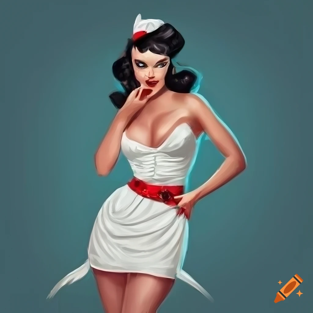 pin up woman in white dress and red heels