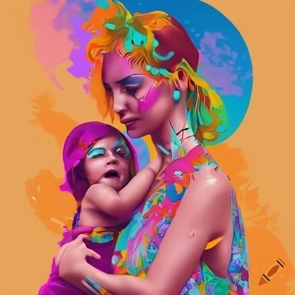 digital art of a bohemian mother with her children