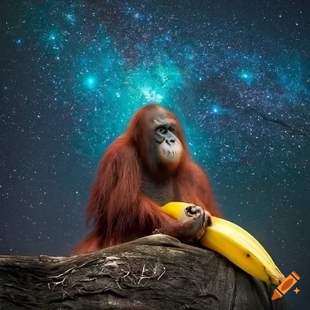 funny image of an orangutan eating a banana among the stars