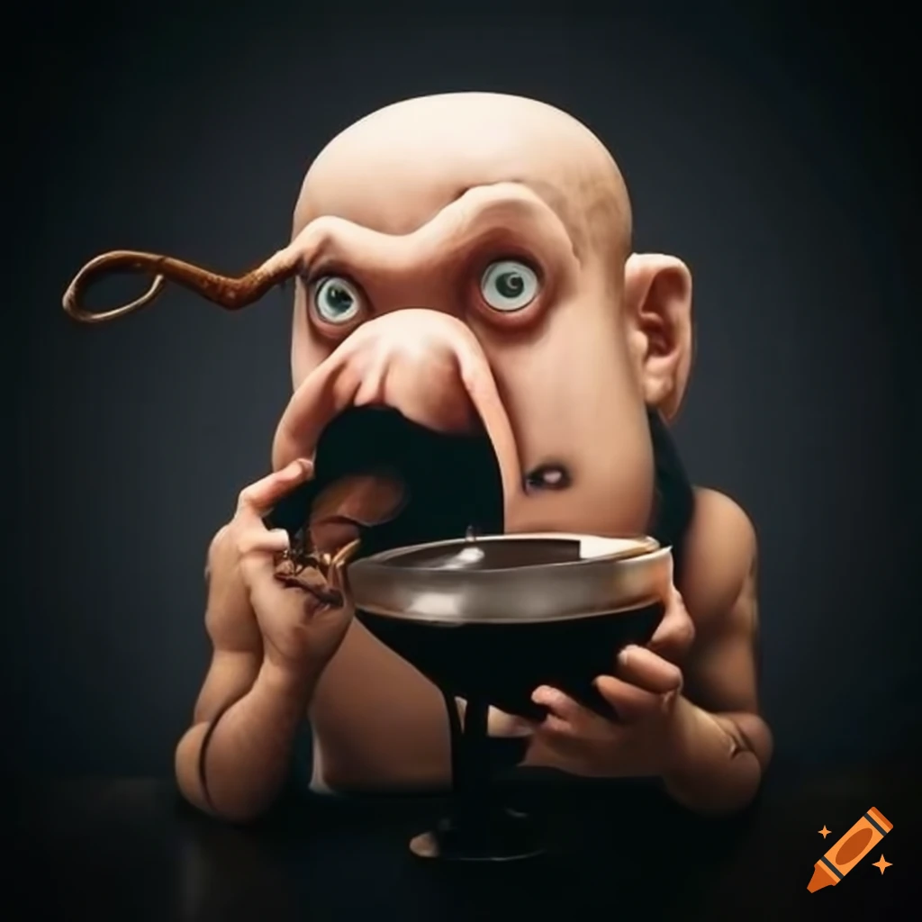 illustration of a person with a big nose smoking a pipe and drinking coffee