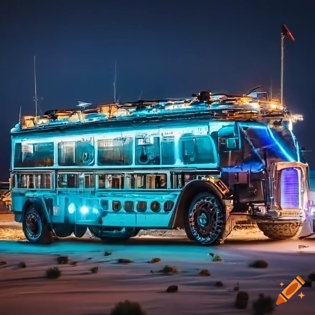 epic steampunk bus in a desert