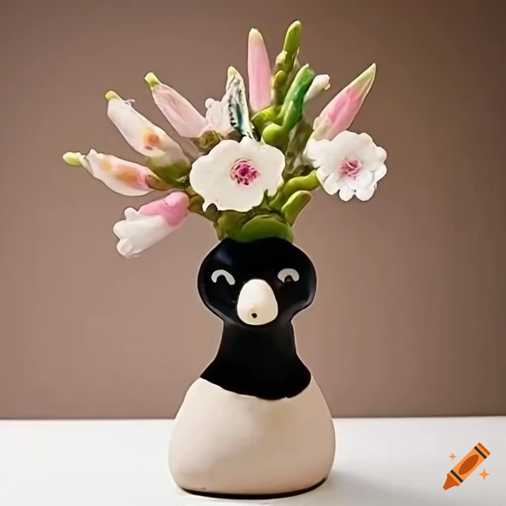 Vase shaped like a magpie head with foxglove flowers on Craiyon