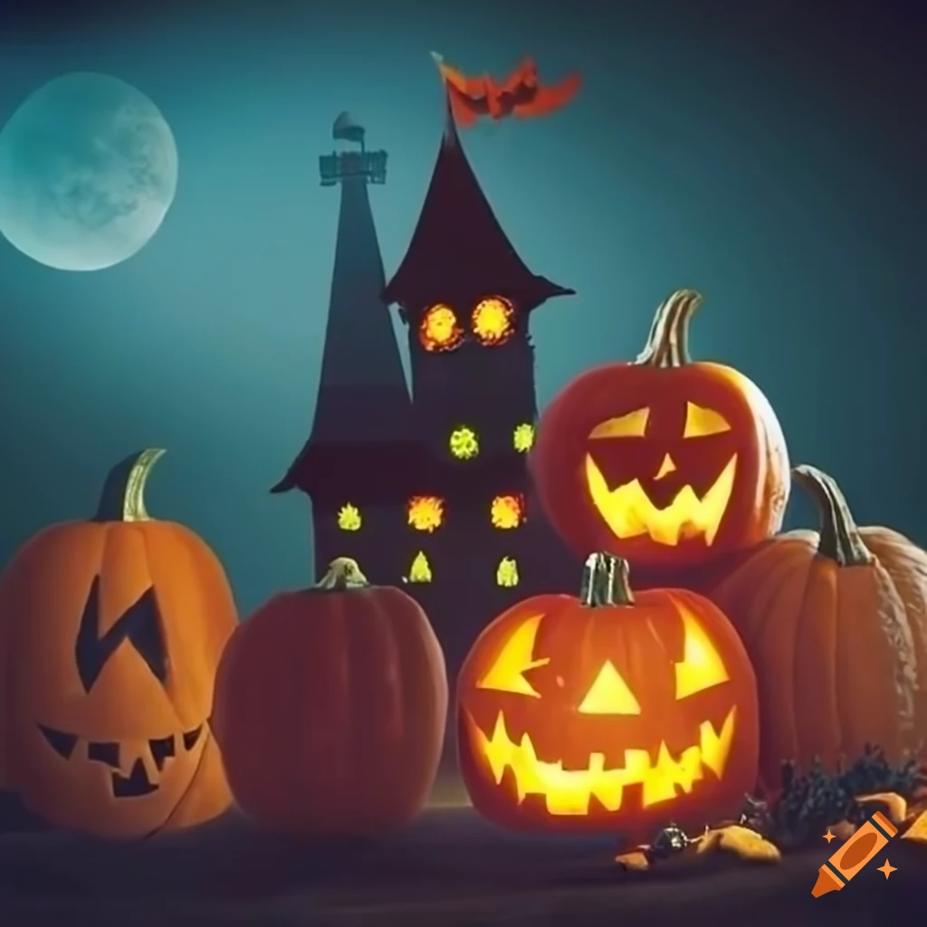 spooky Halloween image with pumpkins and a castle