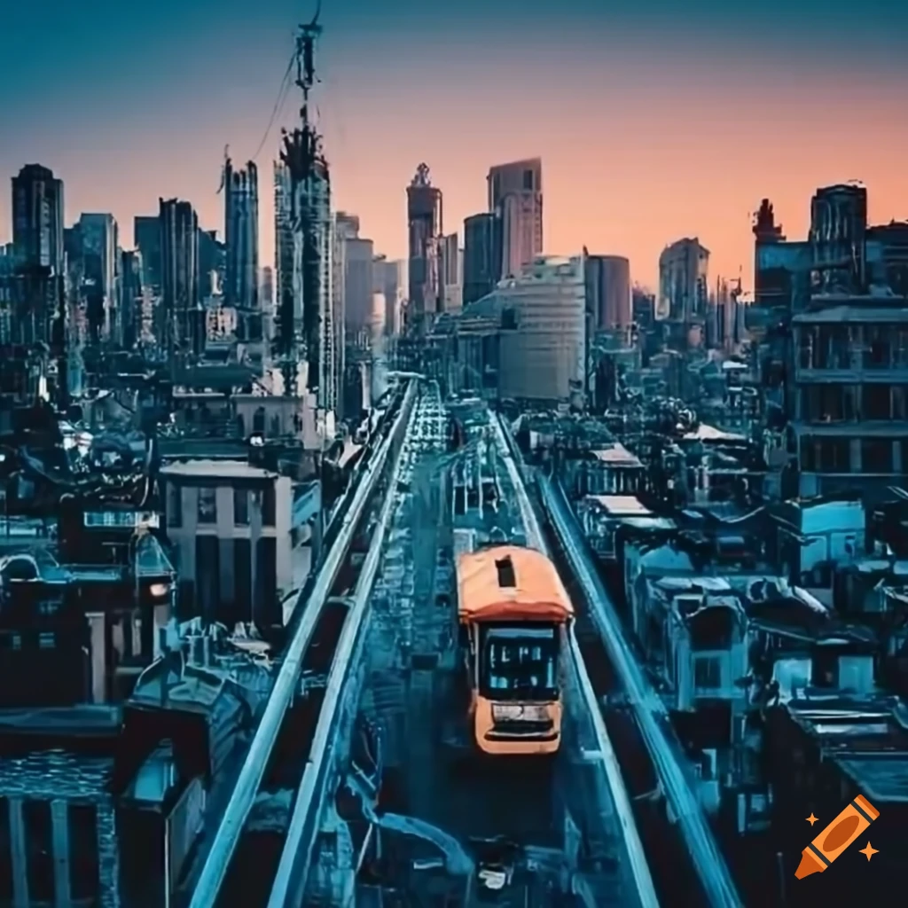 image of a sustainable city with electric trams and bicycles