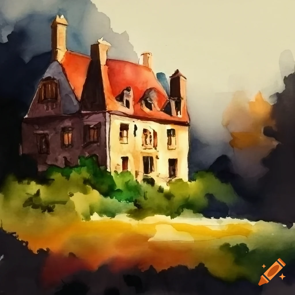 Watercolor painting of a manor