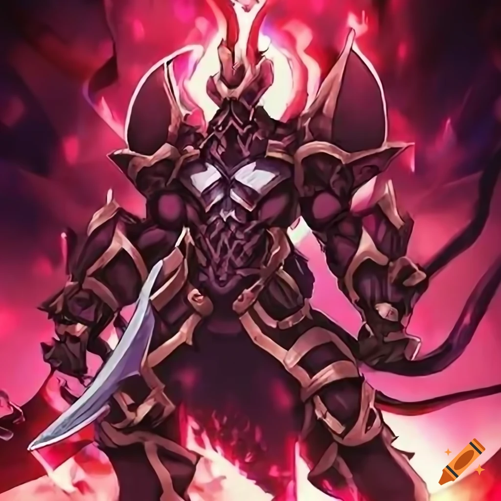 Anime-style heroic knight with demon horns and divine aura on Craiyon