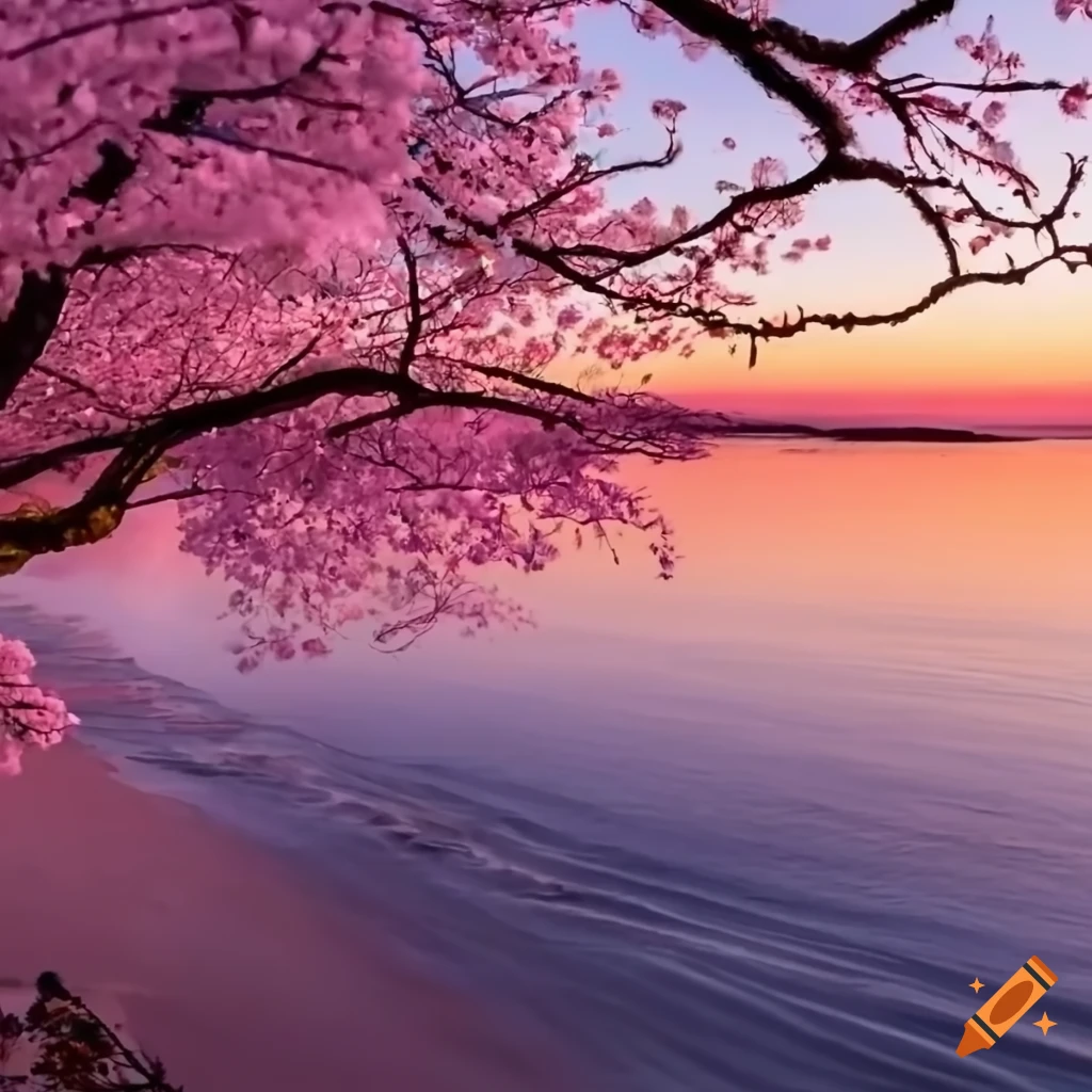 Japanese Cherry Trees By Saltwater Mountain Lake Serene View Of Pink japanese-cherry-trees-by-saltwater-mountain-lake-serene-view-of-pink