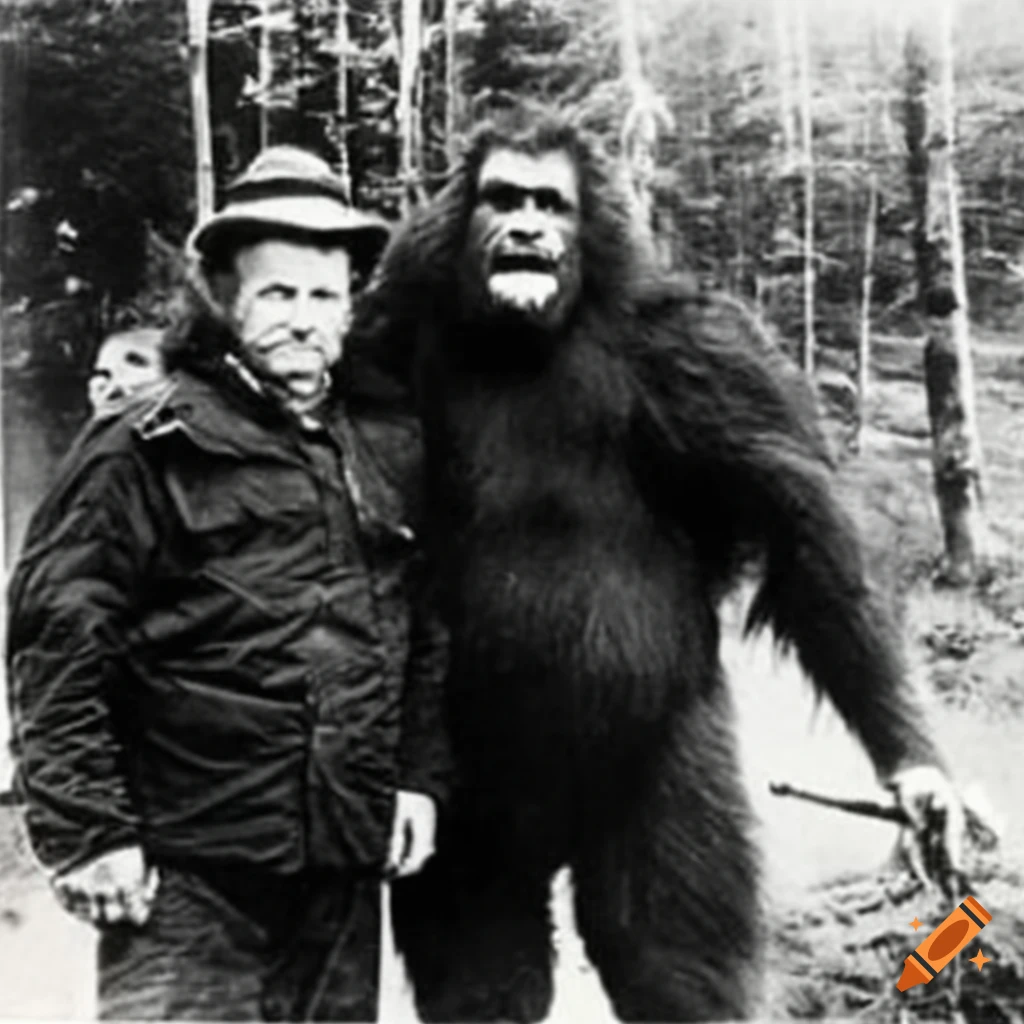 photo of a man standing next to Bigfoot