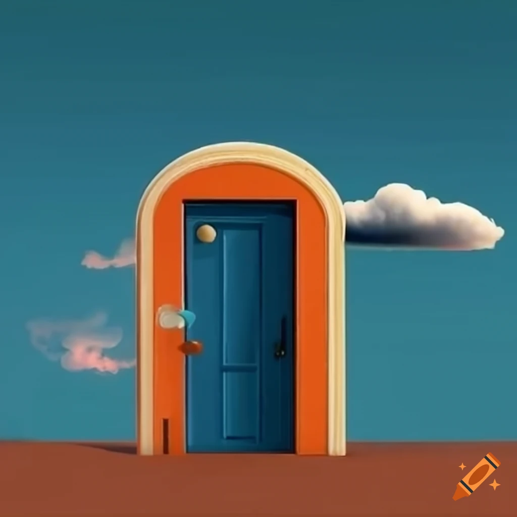 surreal orange door opening to clouds and a tricycle