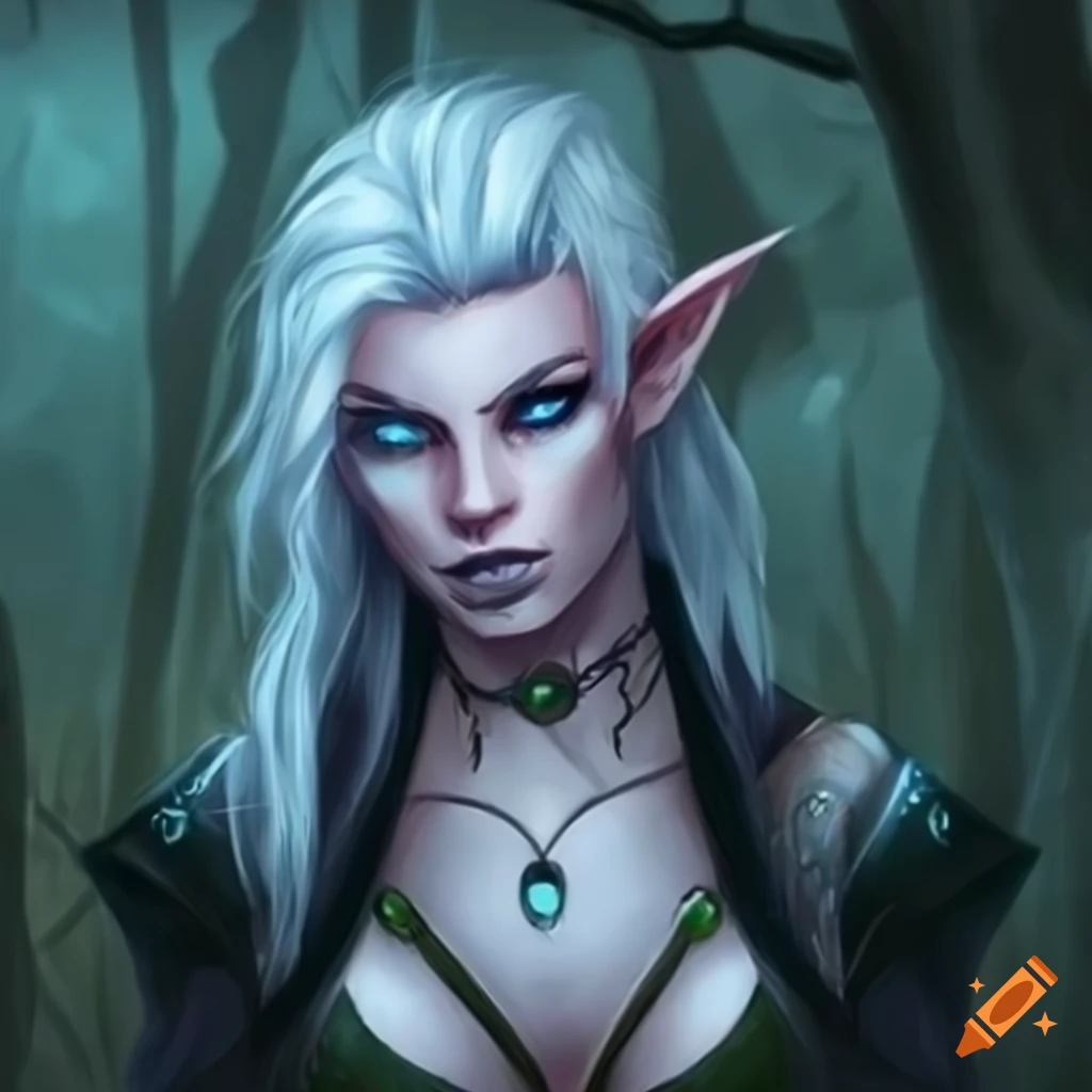 Image of a female night elf druid with white hair and blue eyes on Craiyon