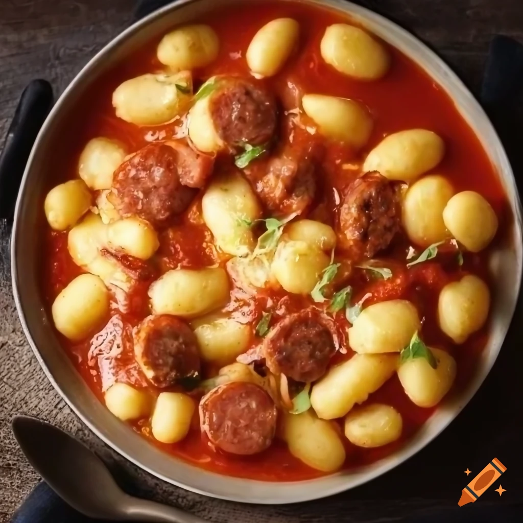 Cassava gnocchi with tomato sauce and pepperoni sausage