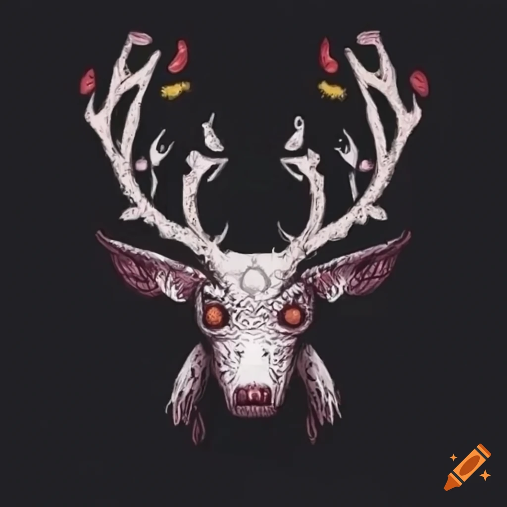 black and white drawing of a mysterious reindeer