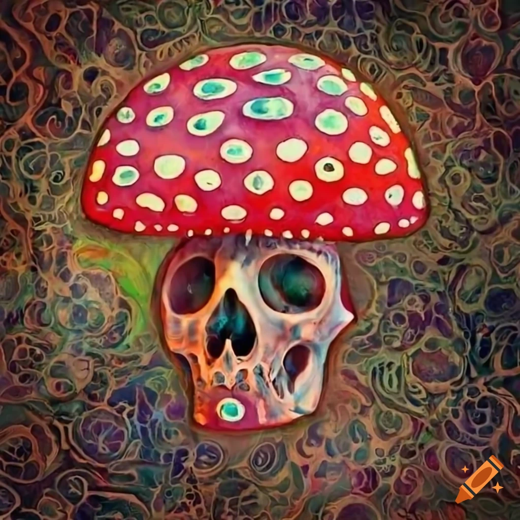 close-up of a striking red mushroom with skull-like patterns