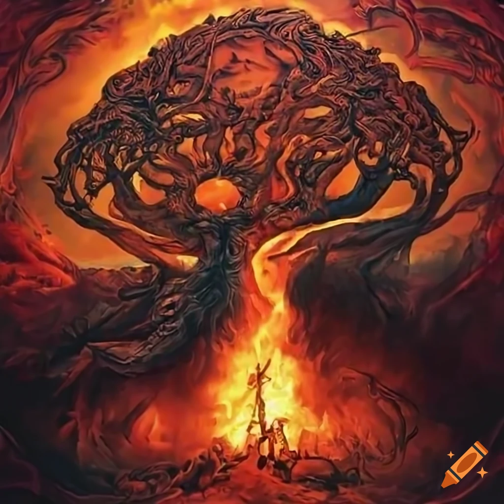 Tree with branches reaching heaven and roots reaching hell on Craiyon